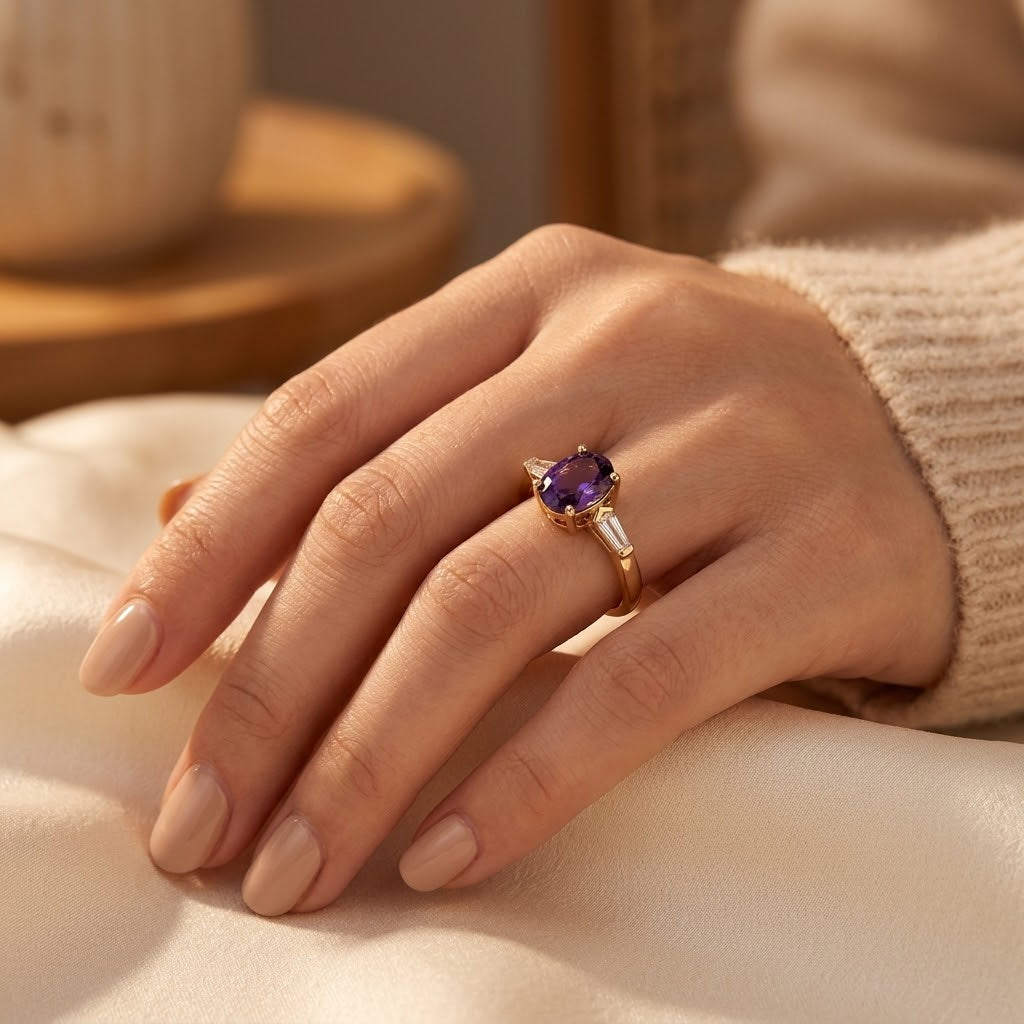 Amethyst Trestenet Ring i Guld