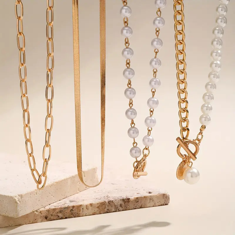Sæt af Slange Kæde Halskæde med Perle i Vintage Stil | Guld
