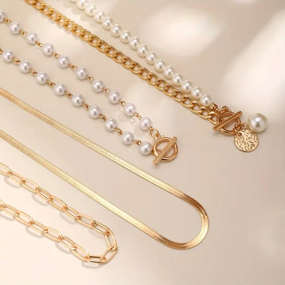Sæt af Slange Kæde Halskæde med Perle i Vintage Stil | Guld