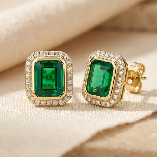 Halo Øreringe i Grøn Emerald i Guld