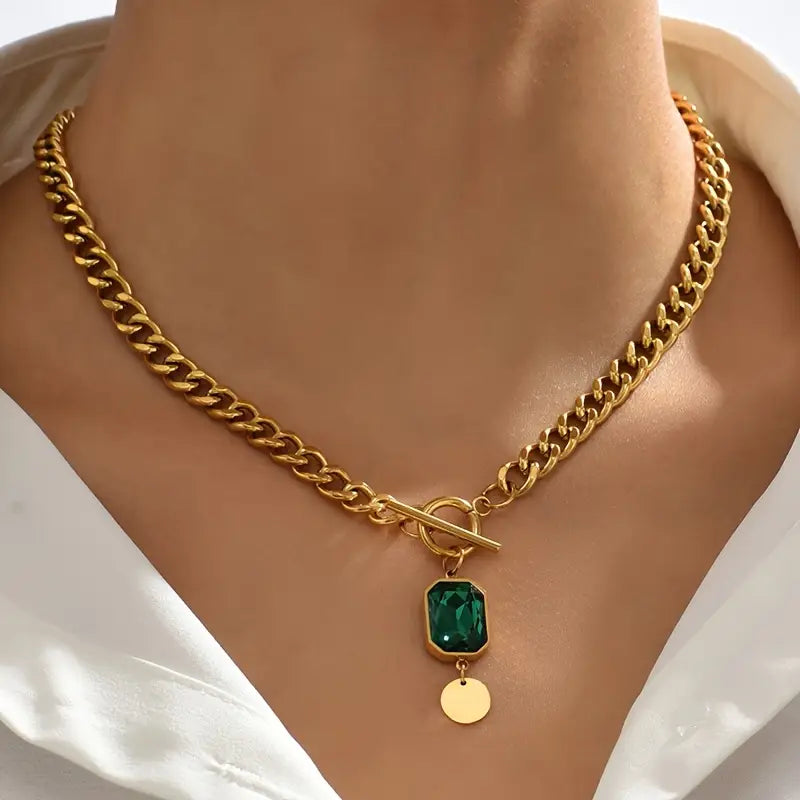 Chunky Chain Emerald Pendant Necklace | Guld