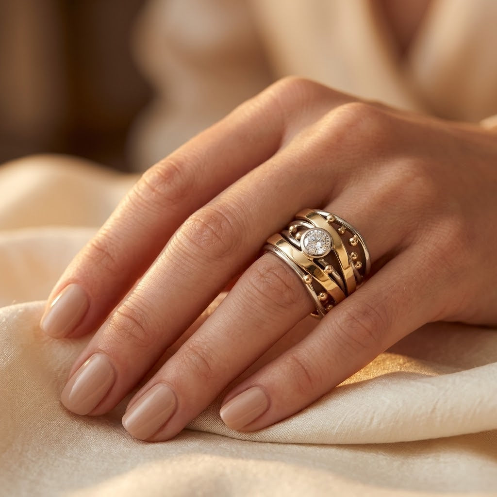 Indviklet Ring med Indfatning i Sølv og Guld