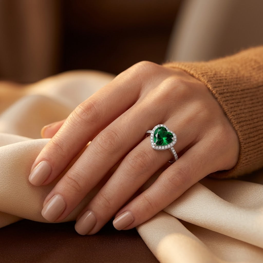 Halo Ring med Hjerte af Smaragd i Sølv