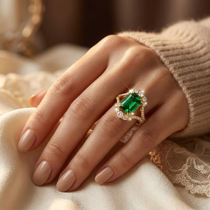 Halo Ring med Smaragd i Guld