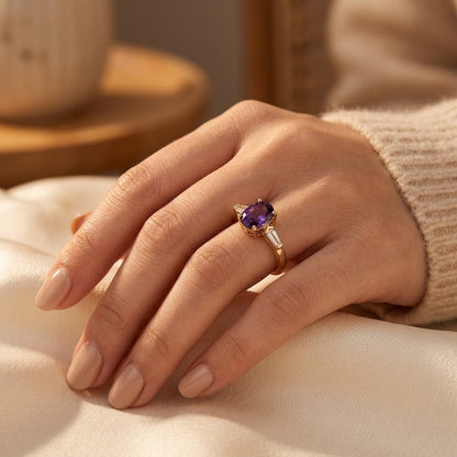 Amethyst Trestenet Ring i Guld