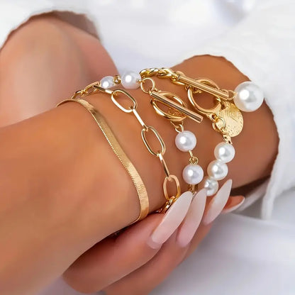 Chic Guld 4-delt Armbåndsæt - Slange, Perler & Links | Guld