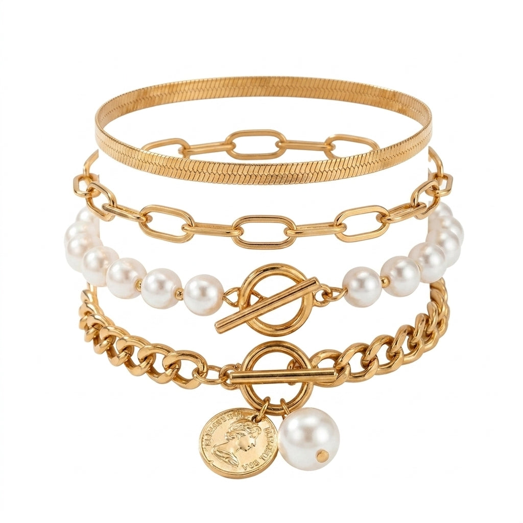 Sæt de Chic Armbånd på 4 Stykker - Slange, Perler og Led | Guld