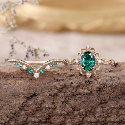 Aurelle Emerald Crown Ring Sæt | Roséguld