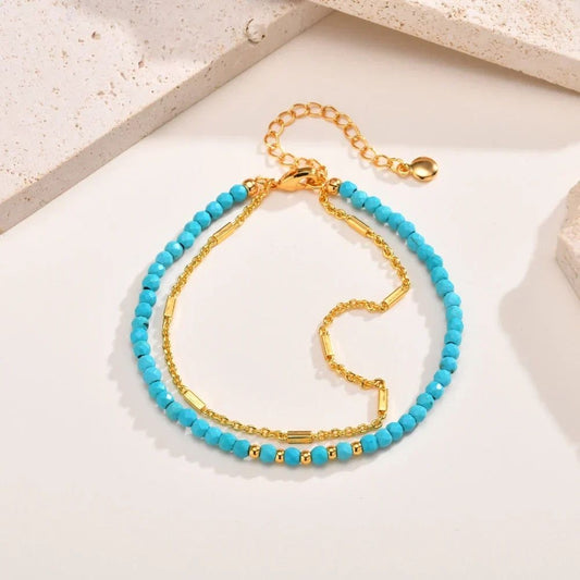 Tidsløs Guld Dobbelt Kæde Turquoise Armbånd