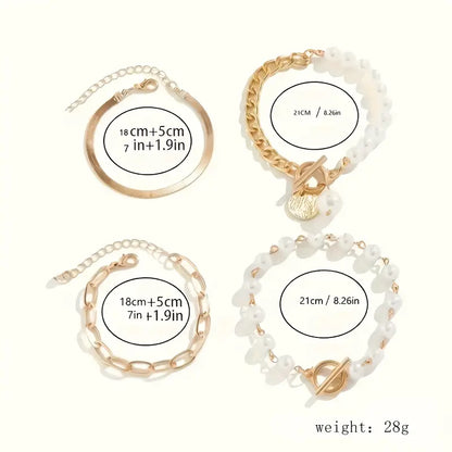 Chic Guld 4-delt Armbåndsæt - Slange, Perler & Links | Guld