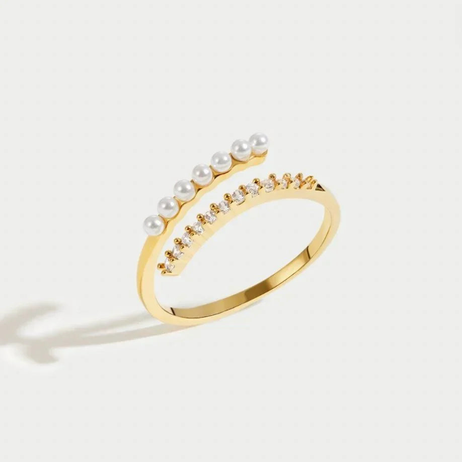 Virelle Åben Ring med Krystal og Perle | Guld
